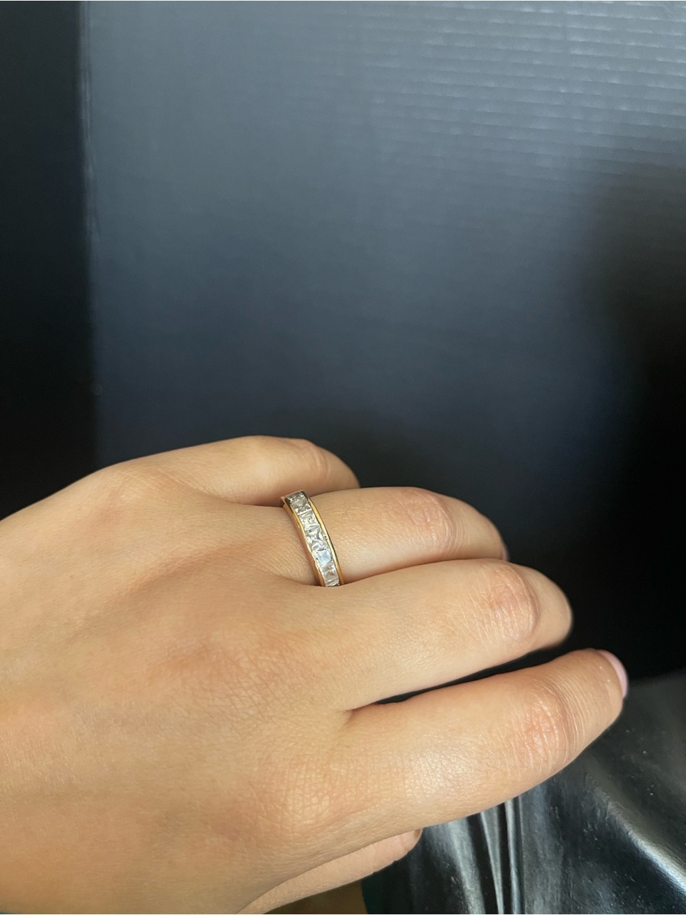 Gold tone enternity bezel band radiant cut cz ring size 5